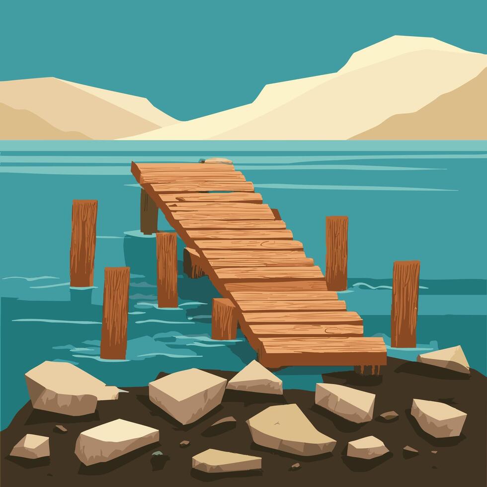 Abandoned wooden dock breaking apart on a rocky shore vector