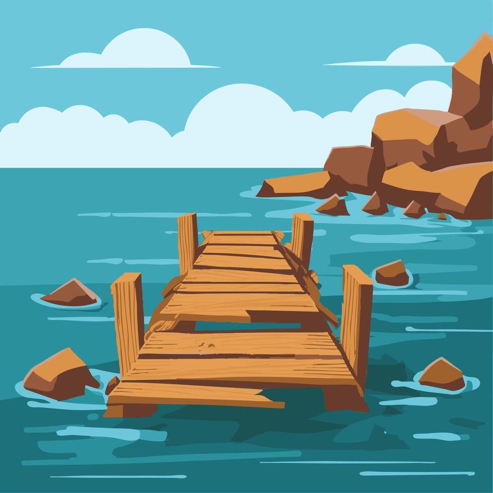 wooden dock breaking apart on a rocky shore vector