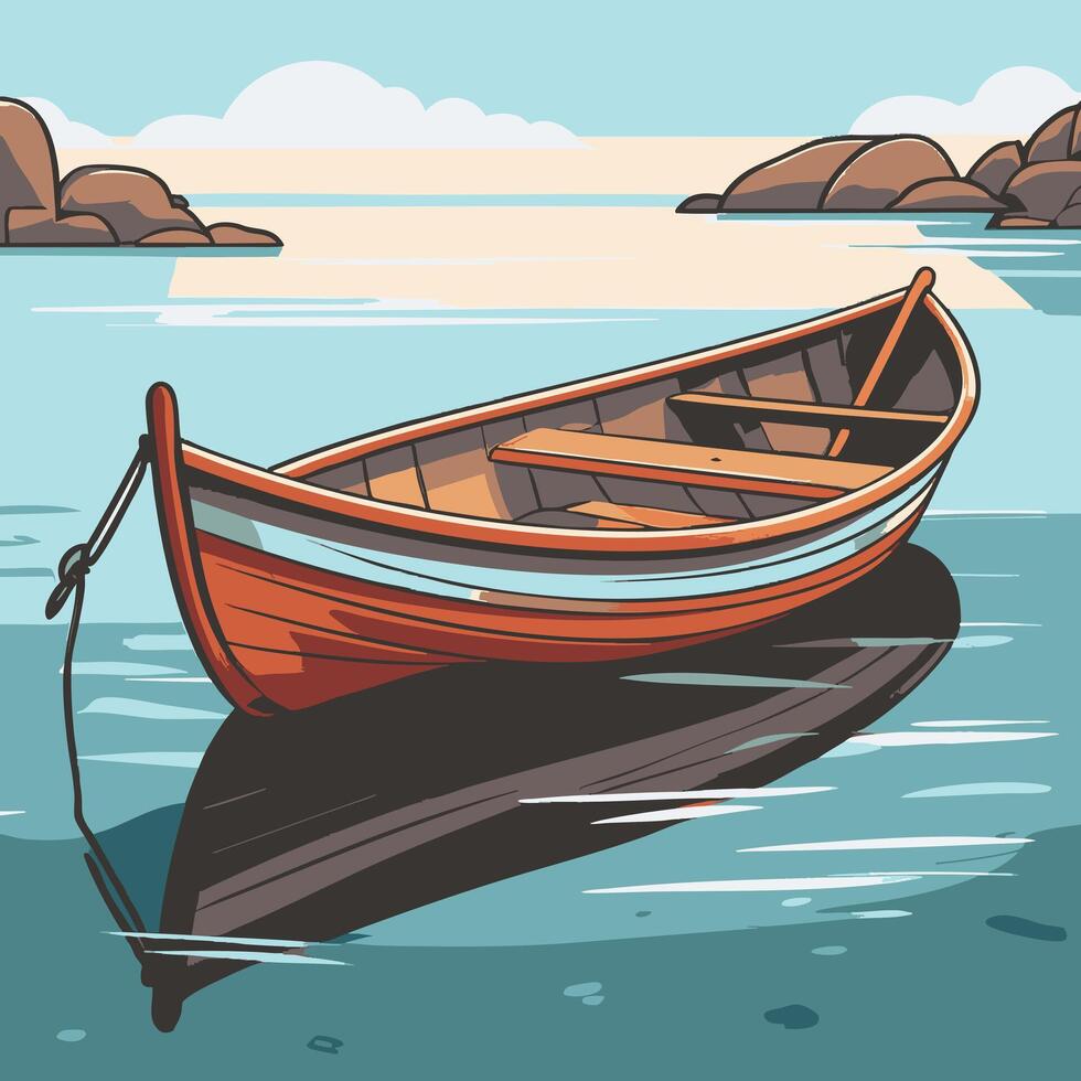 weathered rowboat resting on a rocky bay vector