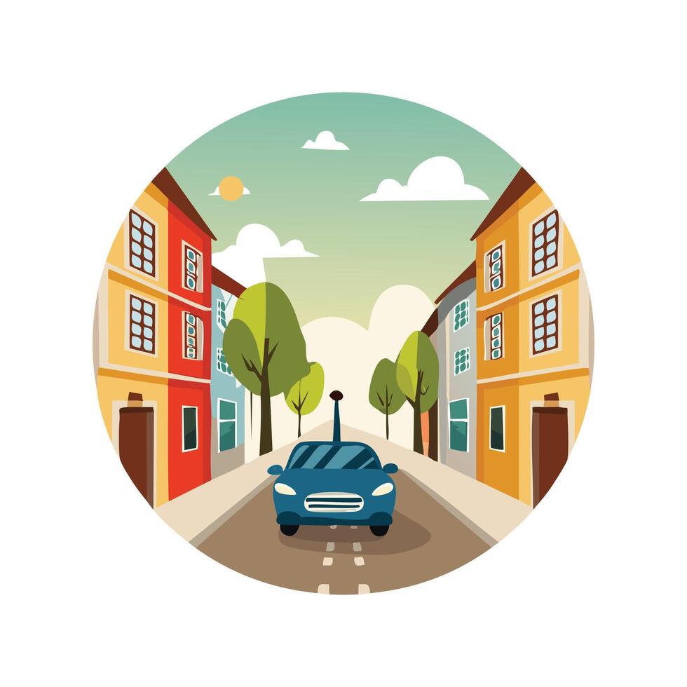 car driving through a narrow alley in an old town. vector