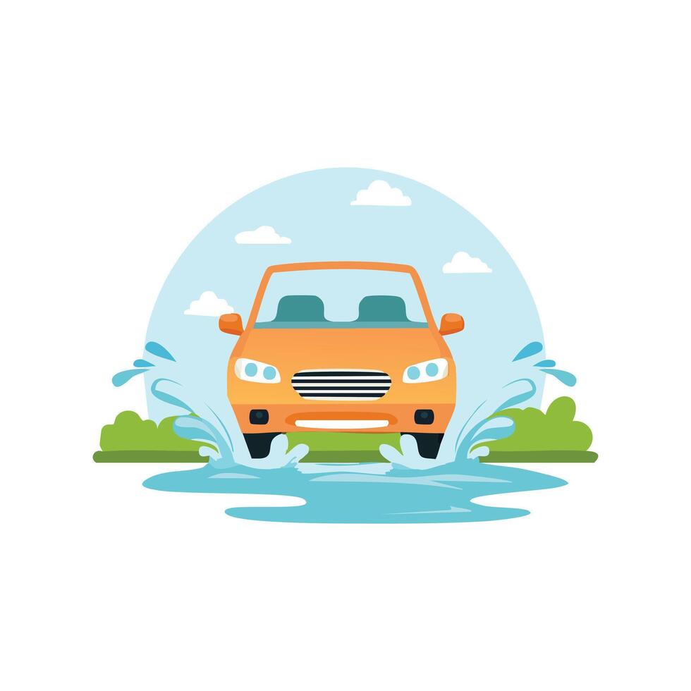 car driving through a puddle and splashing water. vector