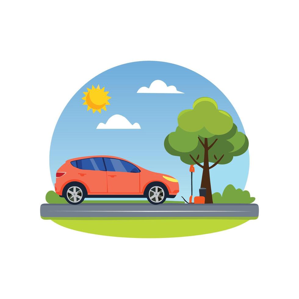 car with a flat tire being repaired on the roadside. vector