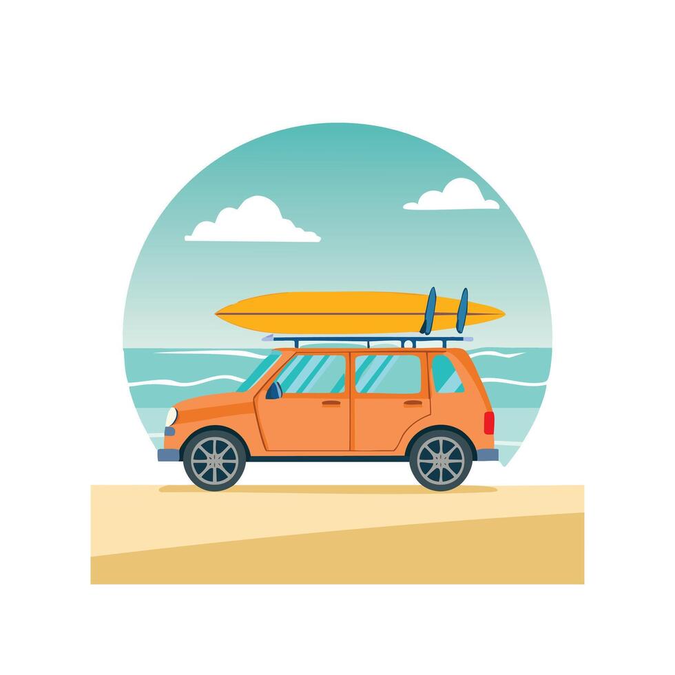 car with a surfboard on the roof heading to the beach. vector