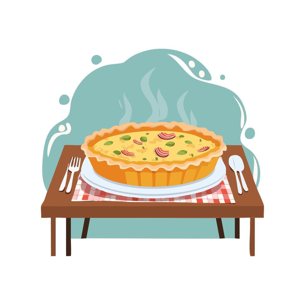 cheese and bacon quiche on a dining table vector