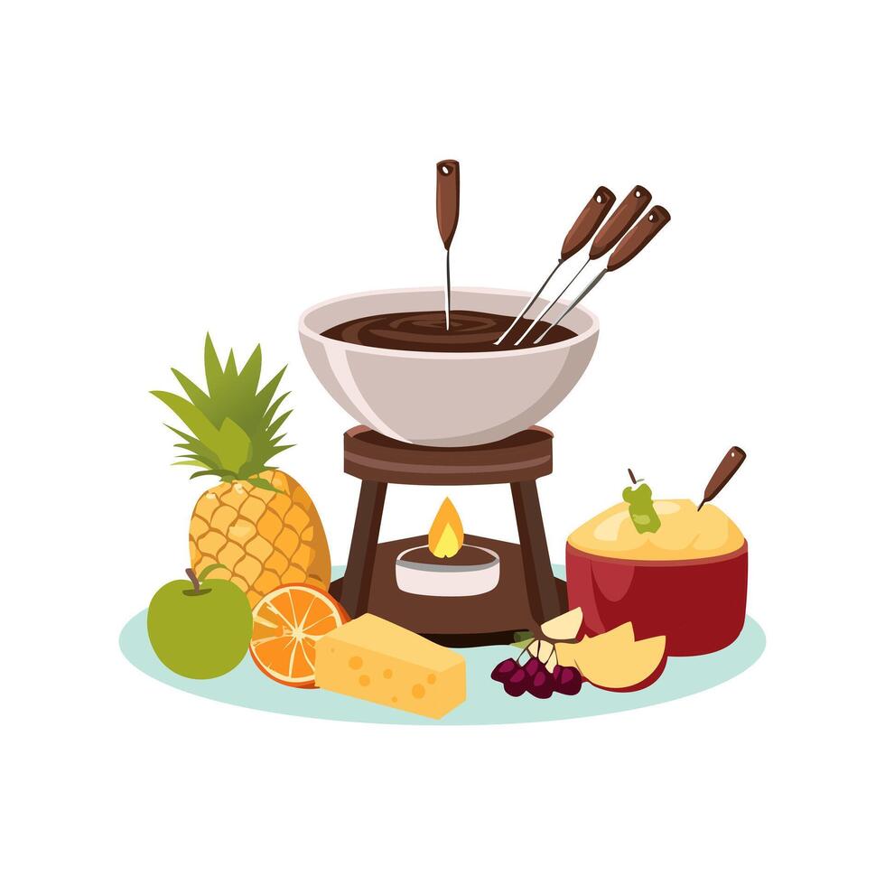 cheese and chocolate fondue with fruit for dipping vector