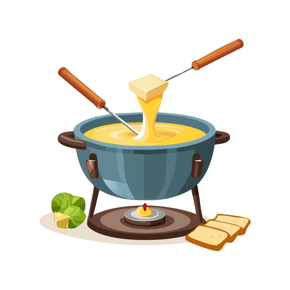 cheese fondue pot with bread dipped in melted cheese vector