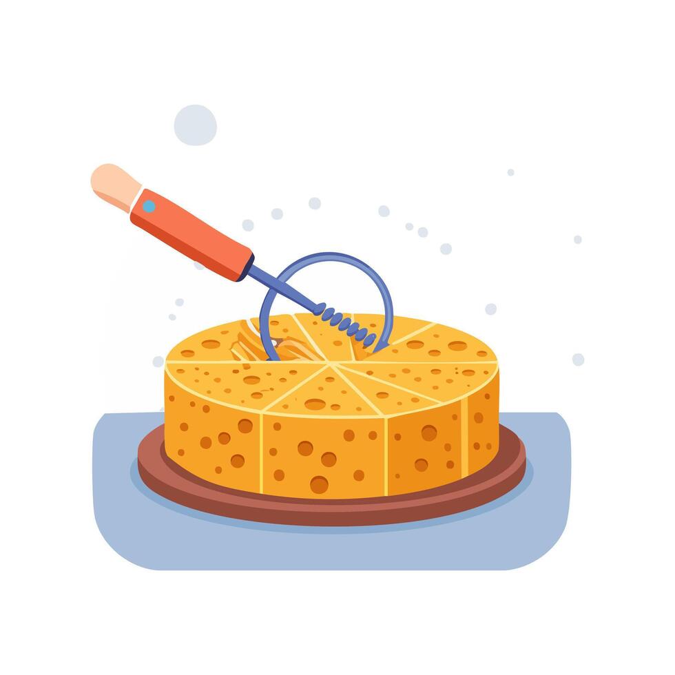 cheese wheel being sliced with a wire cutter vector