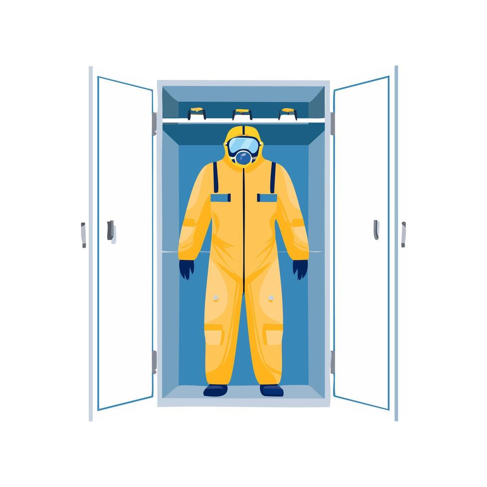 full-body hazmat suit hanging in a locker vector
