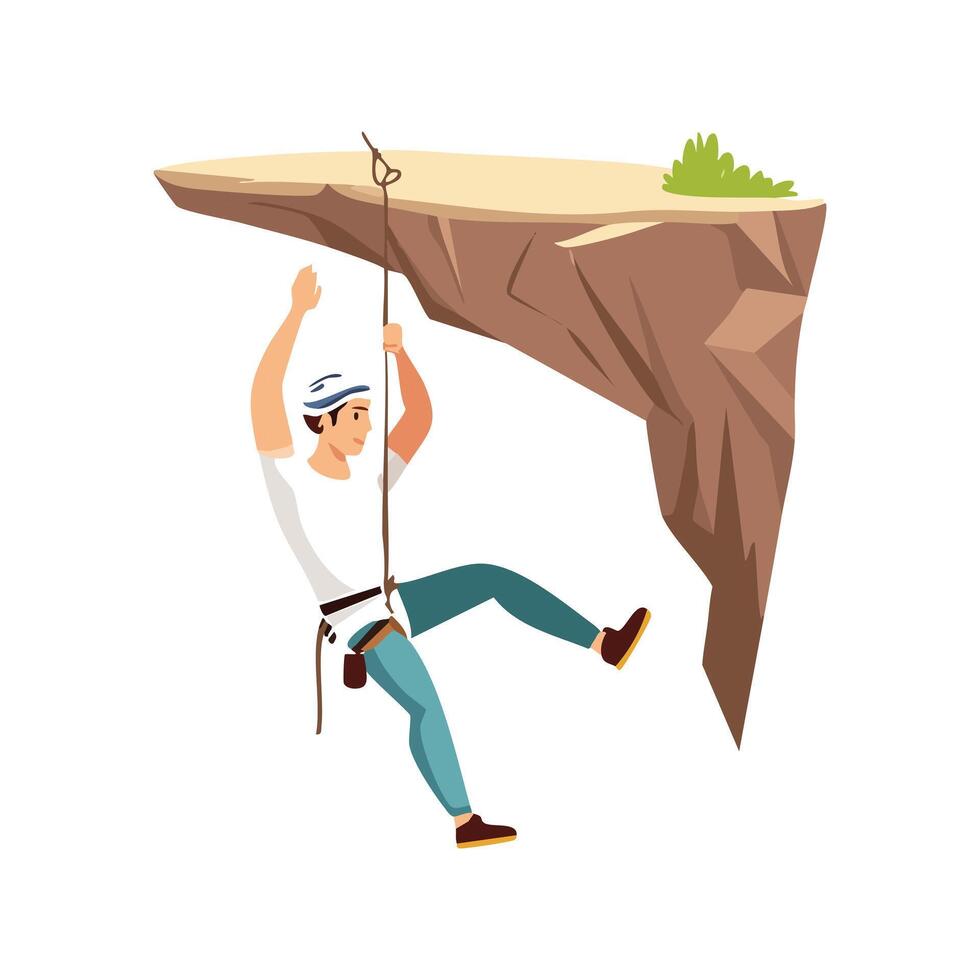 rock climber hanging from a rope on a rocky surface vector