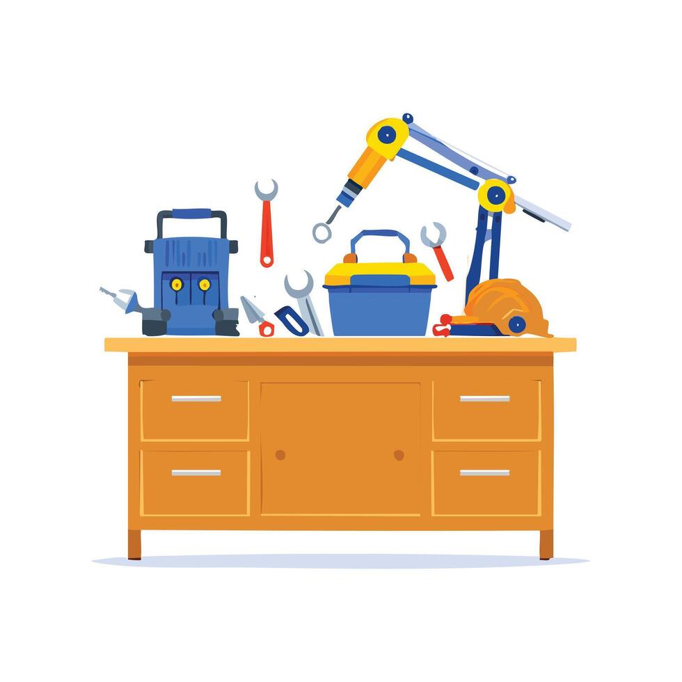 sturdy workbench with tools scattered on top vector