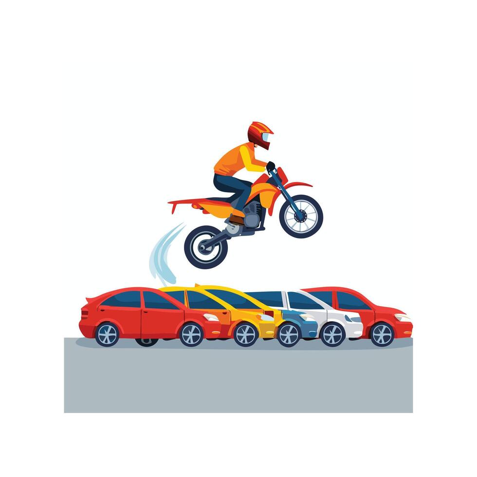 Stunt motorcyclist jumping over a row of cars vector