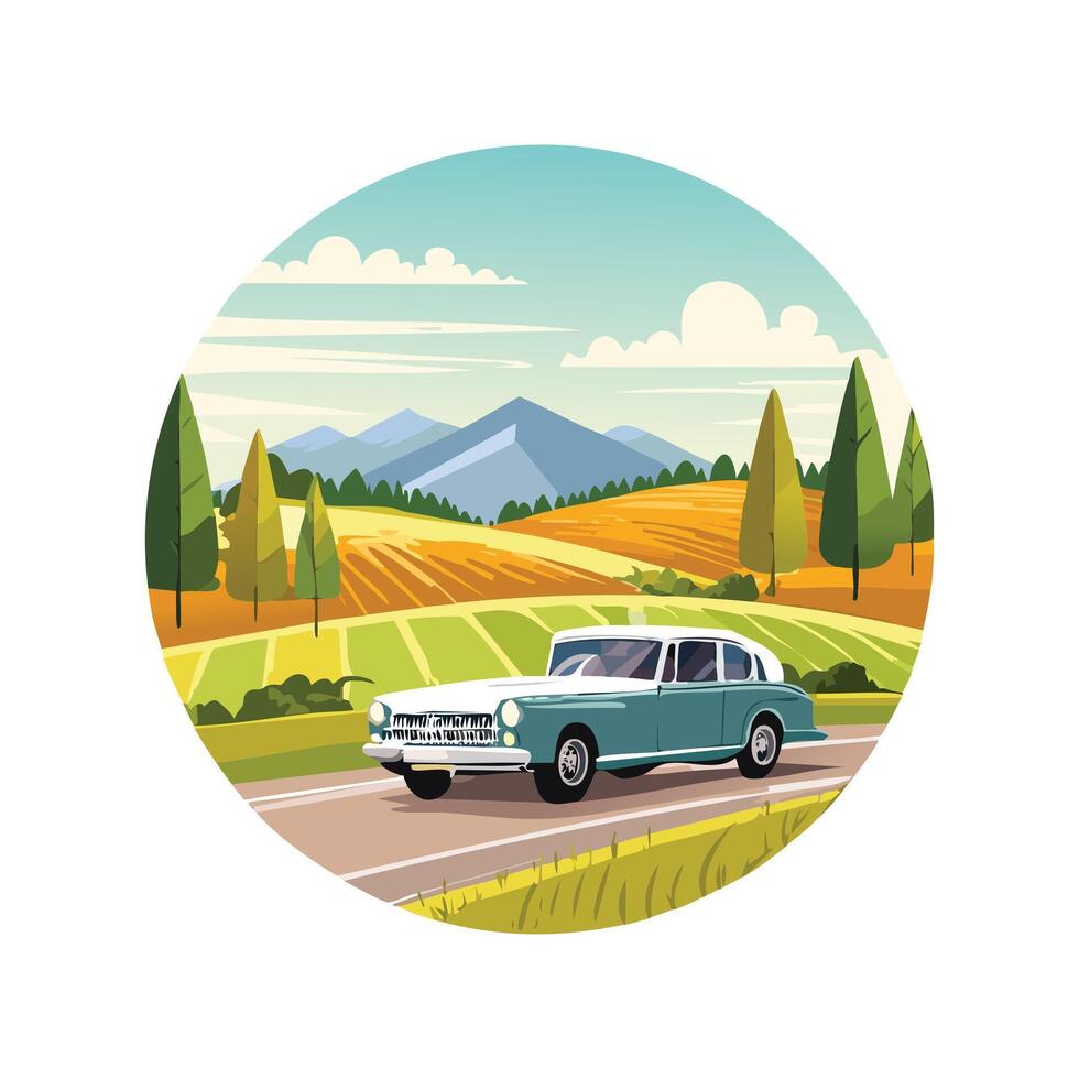 vintage car driving down a scenic countryside road. vector