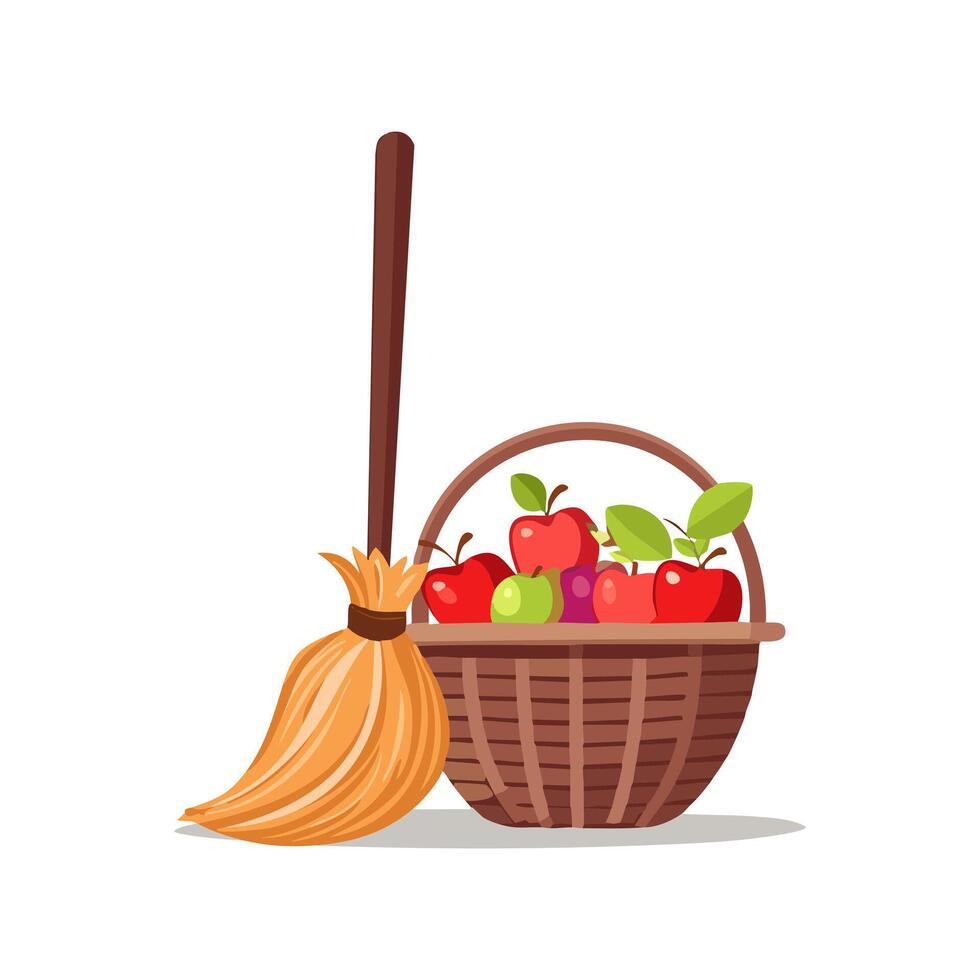 witch broomstick with a basket full of apples vector