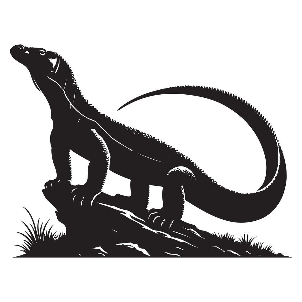 Komodo Dragon Silhouette Standing on Rock Illustration art vector