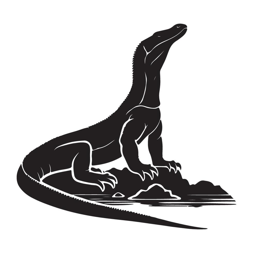 Komodo Dragon Silhouette Standing on Rock Illustration vector