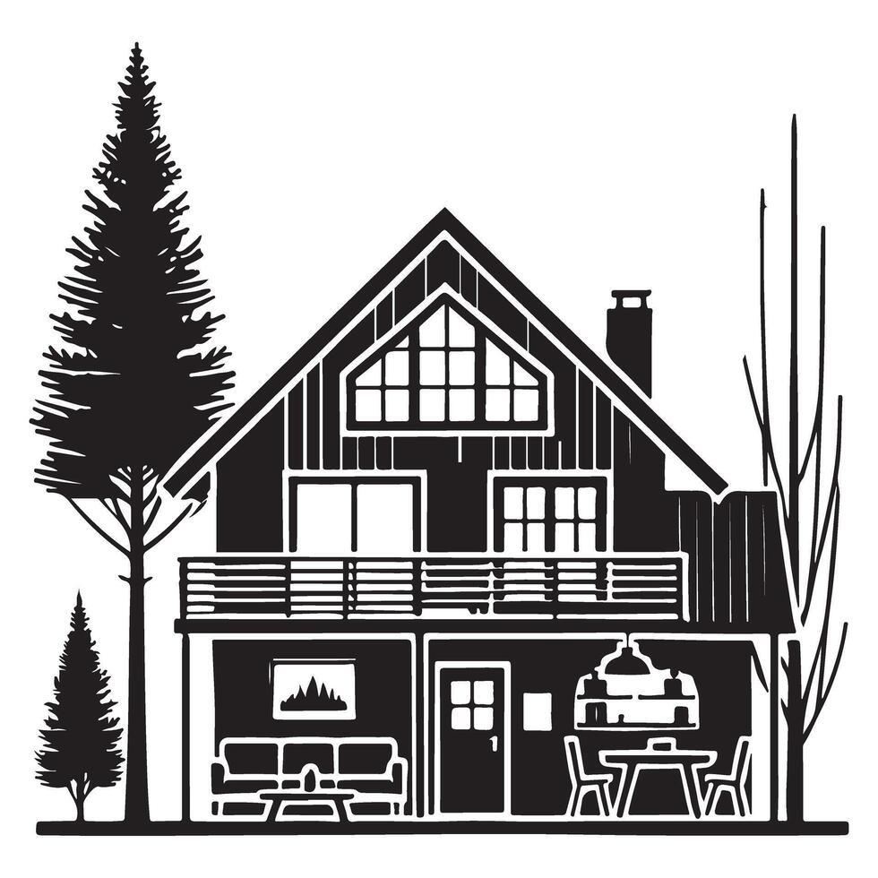 Cozy House Silhouette Illustration with Balcony and Forest View vector