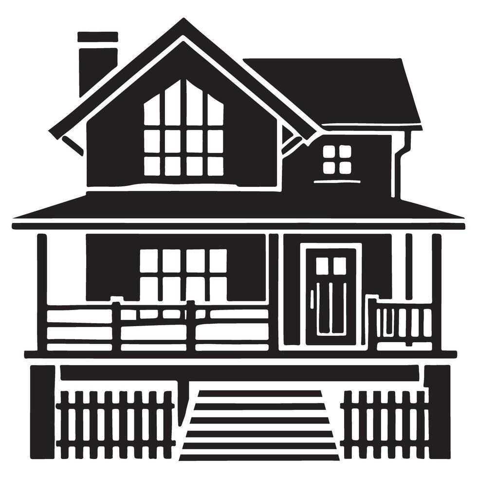 Classic Two Story House Illustration With A Fenced Yard vector