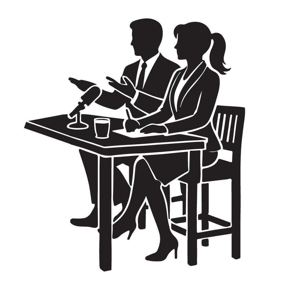 Silhouette of Interview Scene People Talking at Table Graphic vector