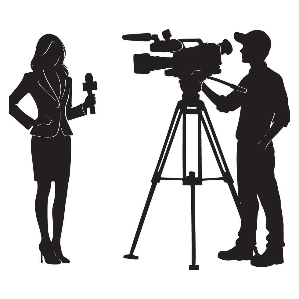 Silhouette News Team with Reporter and Cameraman in Action Graphic vector
