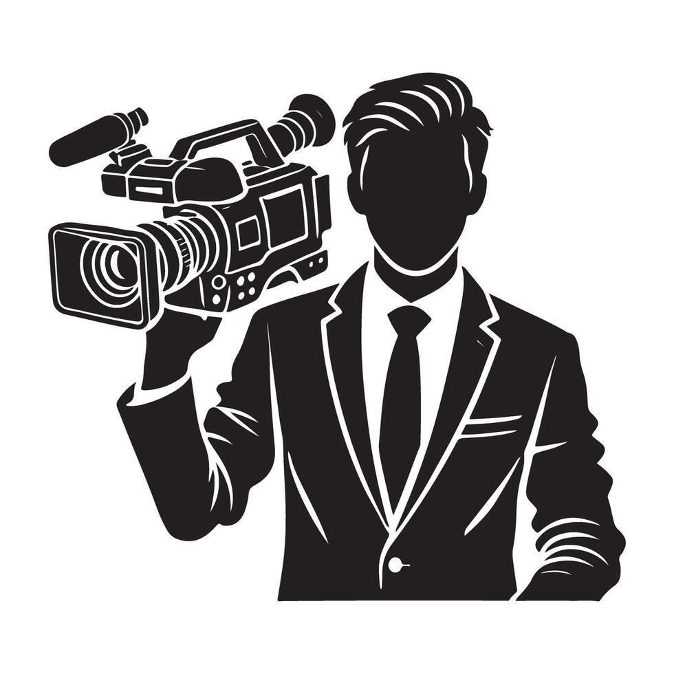 Silhouette Cameraman Holding Professional Broadcast Camera Hand Drawn vector