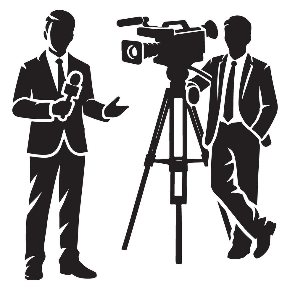 Silhouette Reporter with Camera Crew Illustration Design vector
