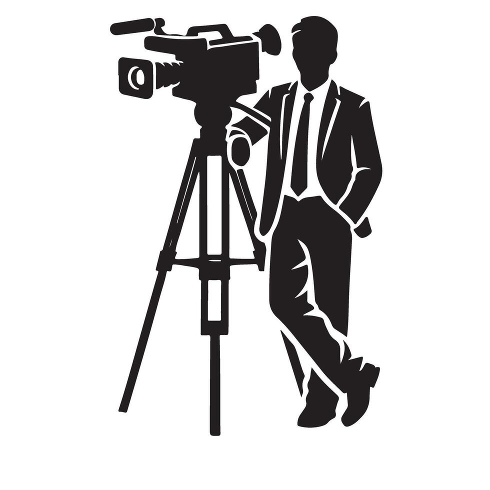 Cameraman Leaning Against Professional Camera Silhouette Illustration vector