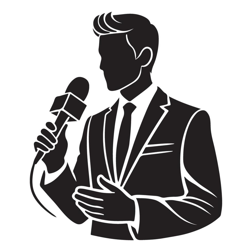 Handsome Male Journalist Talking Silhouette Graphic Illustration Design vector