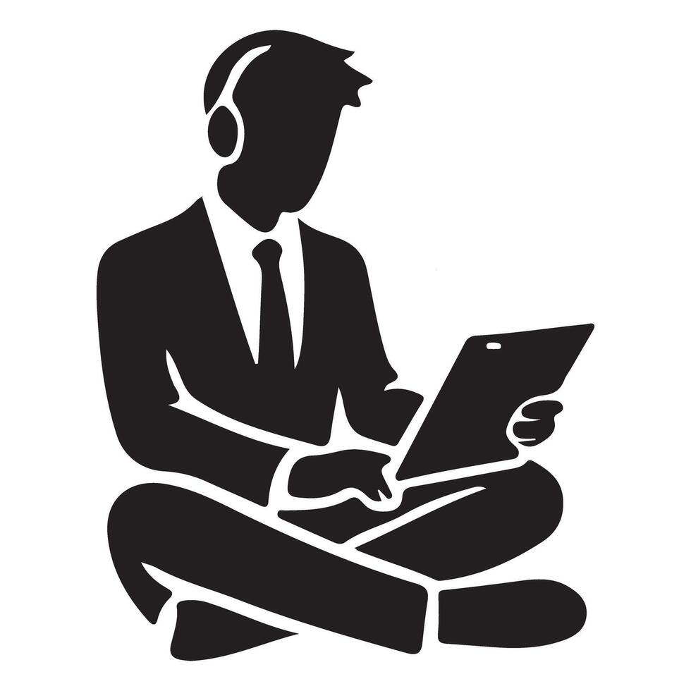 Business Man Silhouette Using Tablet with Headphones Design vector