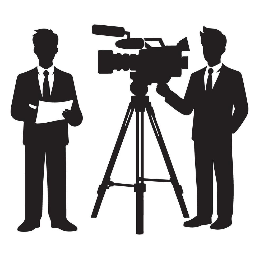 News Broadcasting Crew Silhouette with Camera Operator and Reporter vector