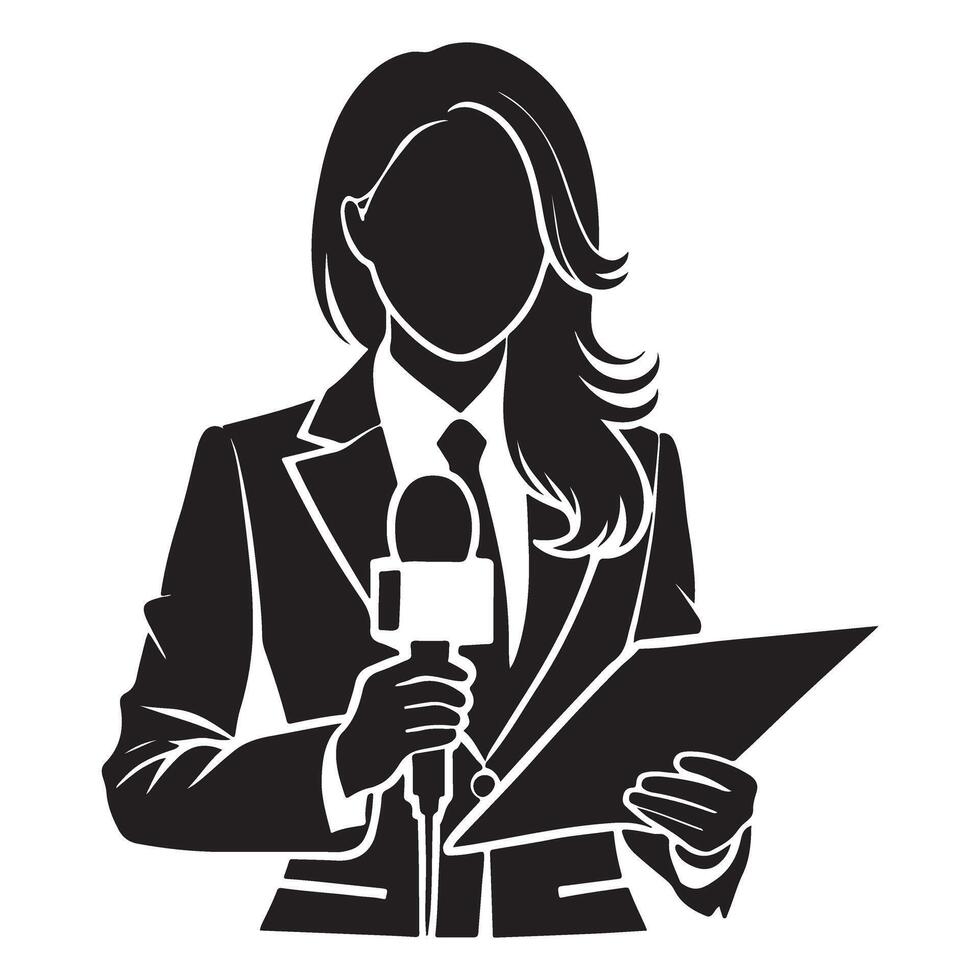 Female News Anchor Silhouette with Microphone and Document vector