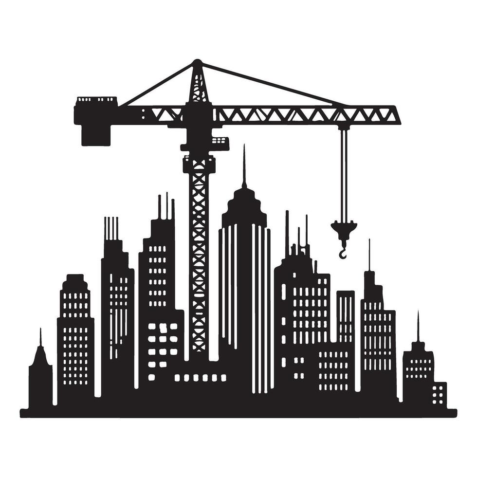 Silhouette of the city skyline with a crane illustration vector