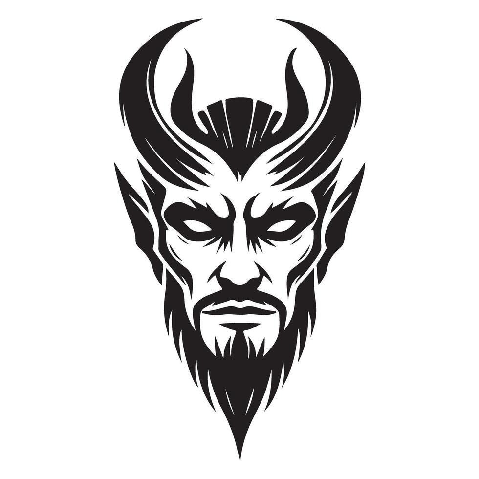 Silhouette Devil Face with Beard Intricate Horns Tattoo Design vector