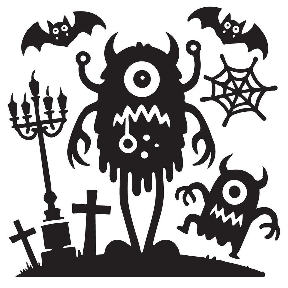 Spooky Halloween Monster Silhouette Design Set with Scene vector