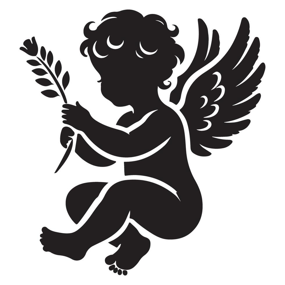 Detailed Angel Silhouette Holding Branch Illustration vector