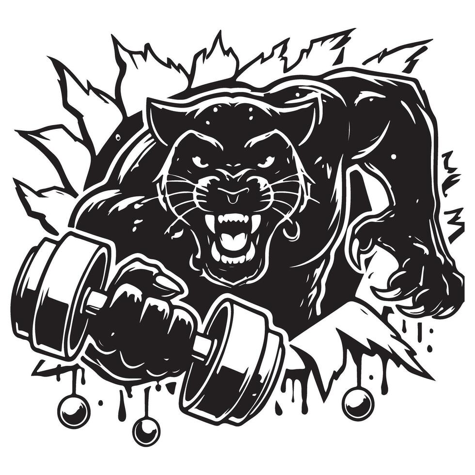 Powerful Panther Silhouette Art Illustration with Dumbbell vector