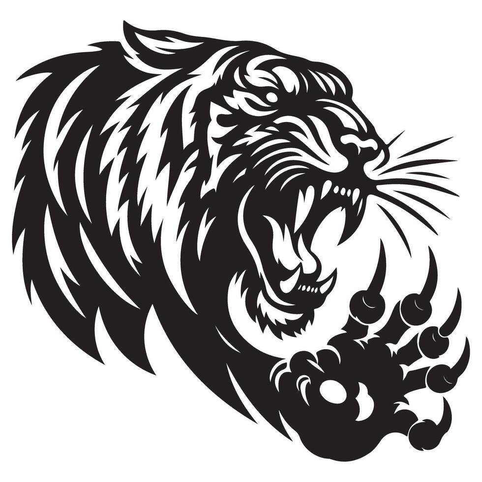 Silhouette of roaring tiger illustration with claws wildlife design vector