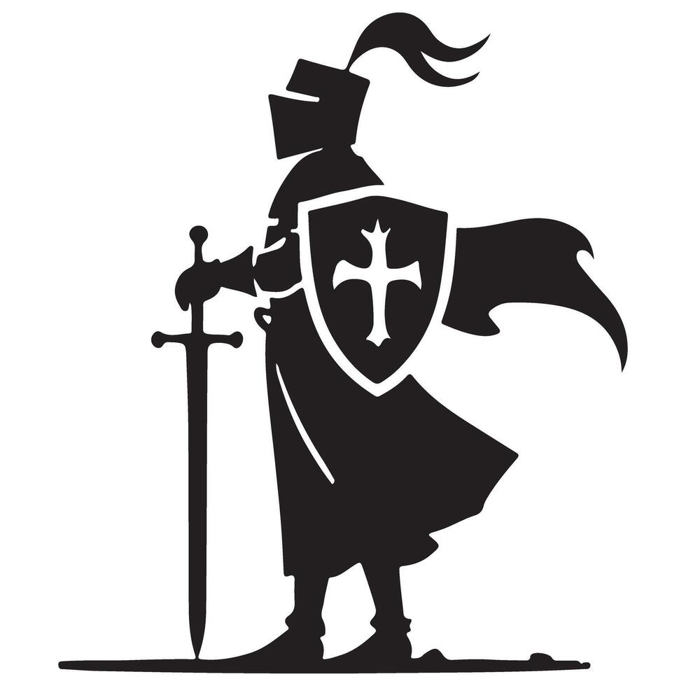 Silhouette of medieval knight with sword and shield illustration vector