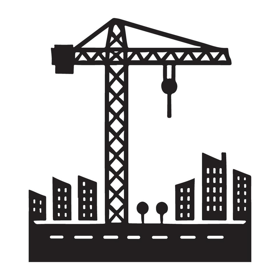 Construction crane over buildings silhouette illustration urban development vector