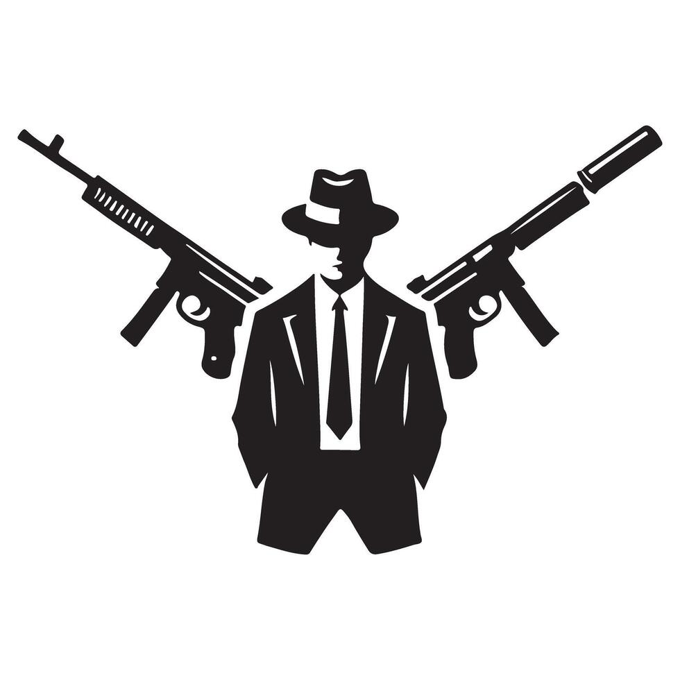 Silhouette armed gangster illustration mafia man with guns crime concept vector