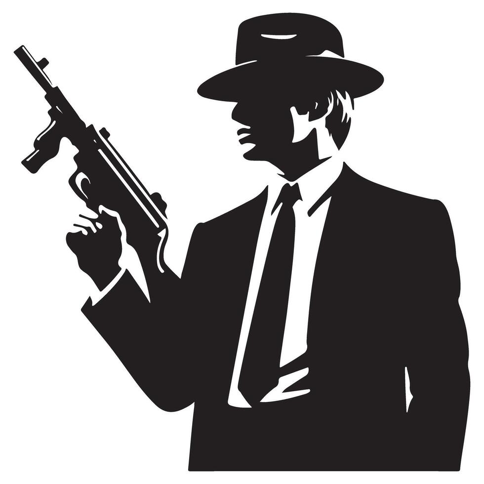 Classic Gangster Silhouette with Tommy Gun Illustration vector