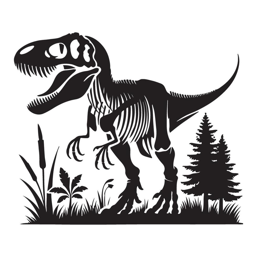 T Rex Skeleton Silhouette in Prehistoric Scene Illustration vector