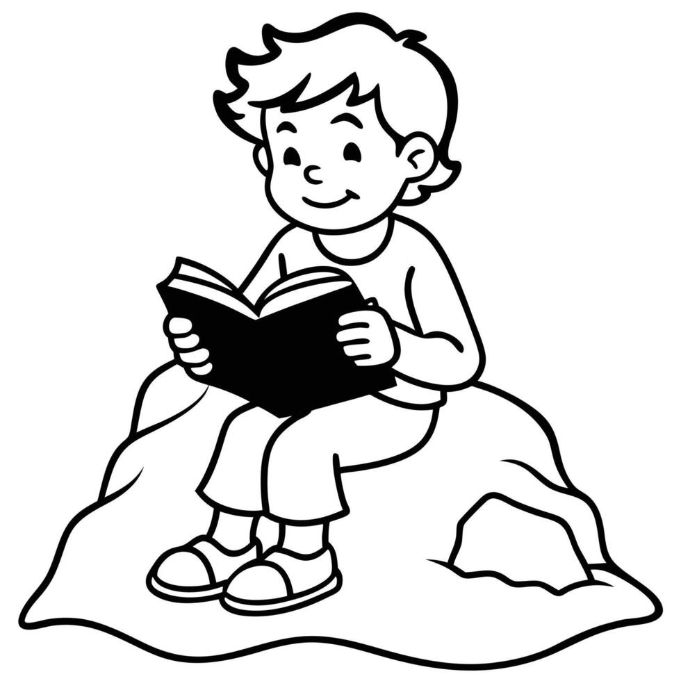 Peaceful Boy Reading Book on Rock Silhouette vector