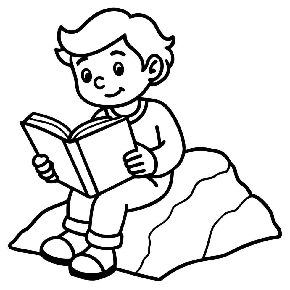 Classic Boy Reading on Rock Silhouette Artwork vector