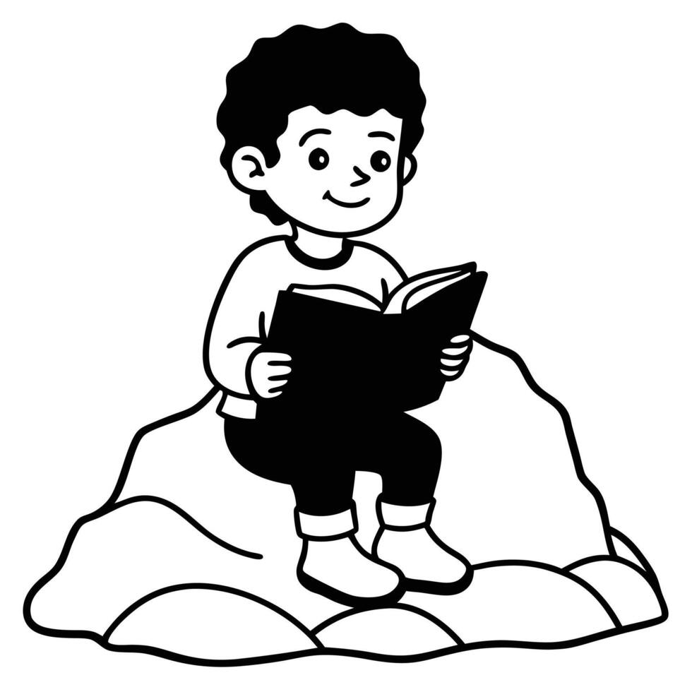 Dynamic Cartoon Boy Reading on Rock Silhouette vector