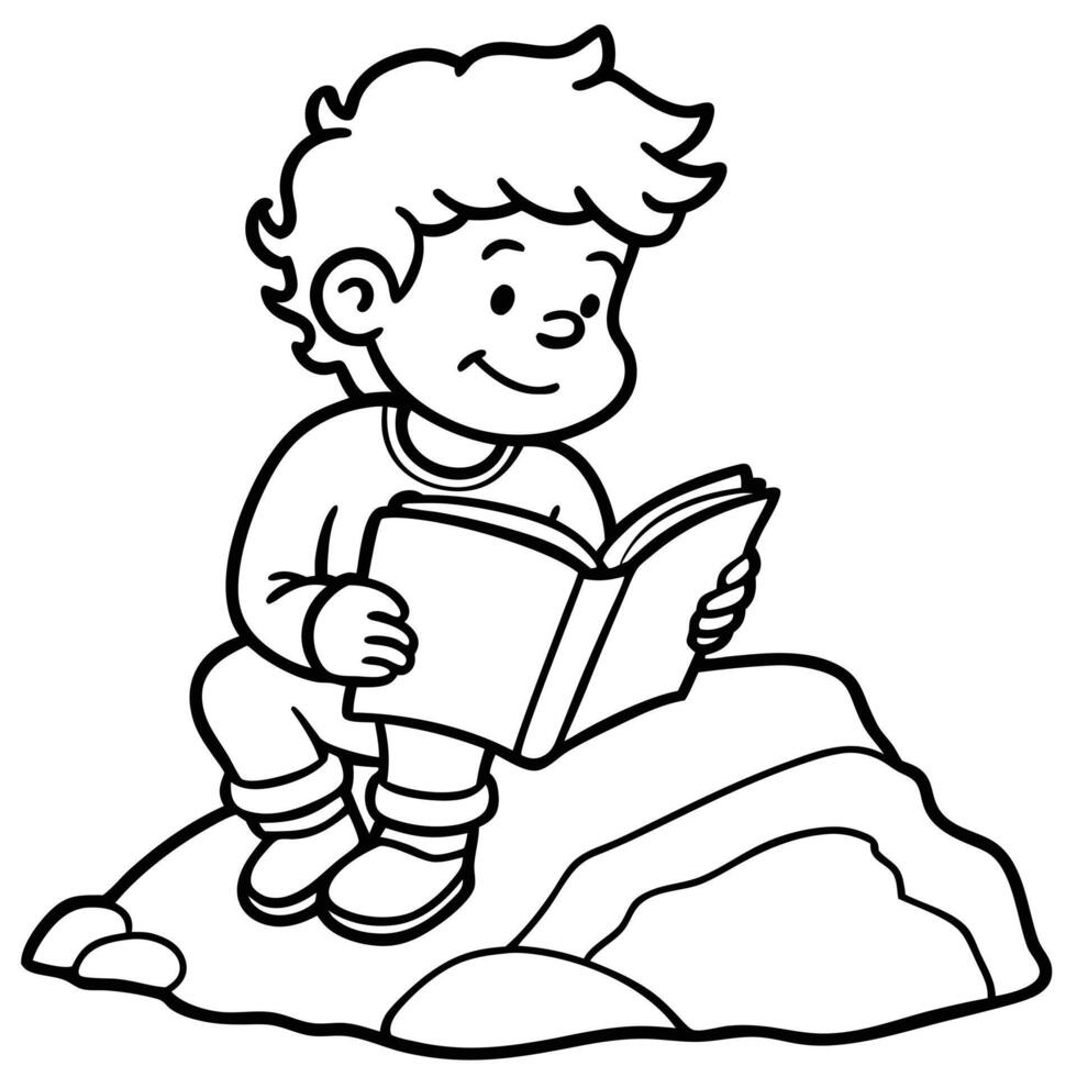 Unique Cartoon Boy Reading on Rock Silhouette vector