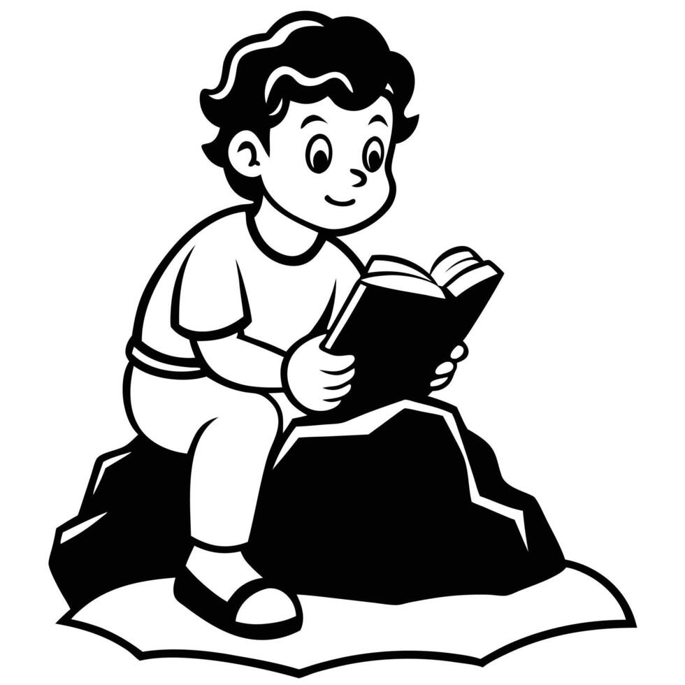 High-Quality Boy Reading Book on Rock Silhouette vector