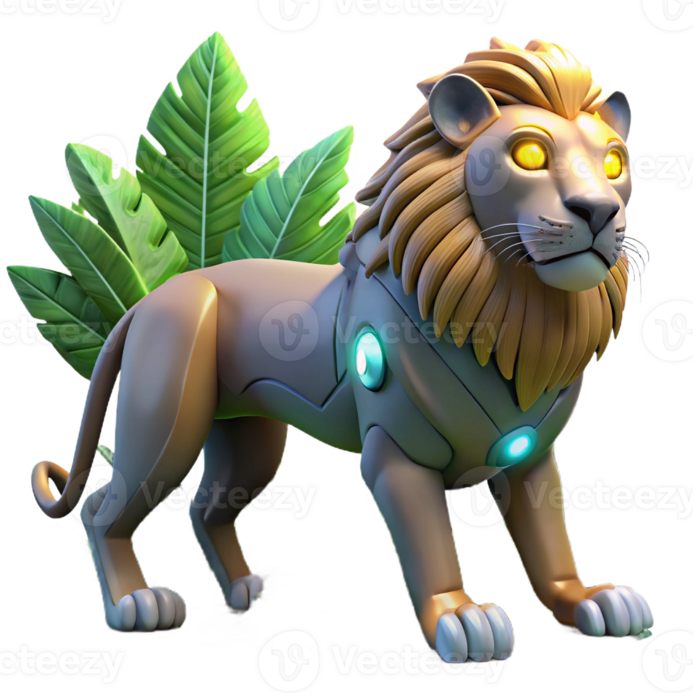 Robotic Lion Jungle Render with Futuristic Design and Majestic Stance png