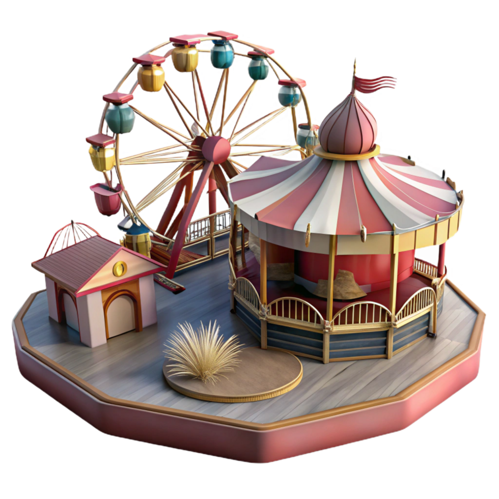 Amusement Park Ferris Wheel and Carousel 3D Render png