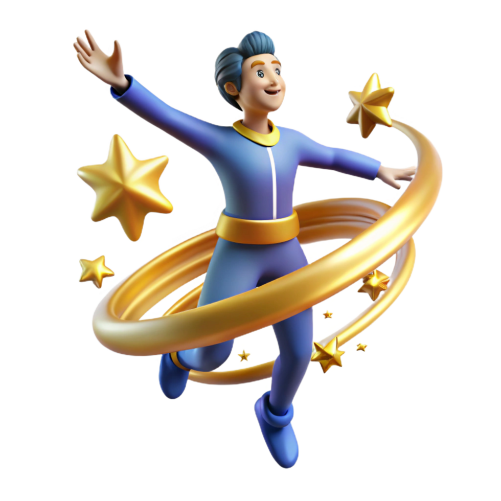 3D Render of Joyful Cartoon Character Surrounded by Golden Stars png