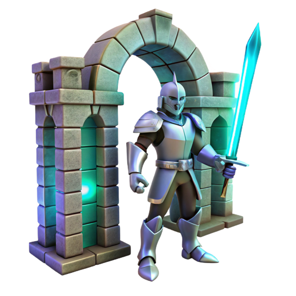 Knight, Stone Archway, Fantasy Realm, Glowing Sword, 3D Render, Game Asset, Adventure Scene, Magical Portal, Epic Battle, Digital Art png